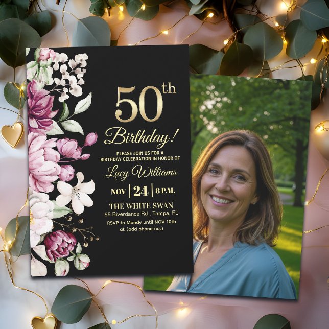Invitation Elegant Floral Gold 50 Birthday Photo (Créateur téléchargé)
