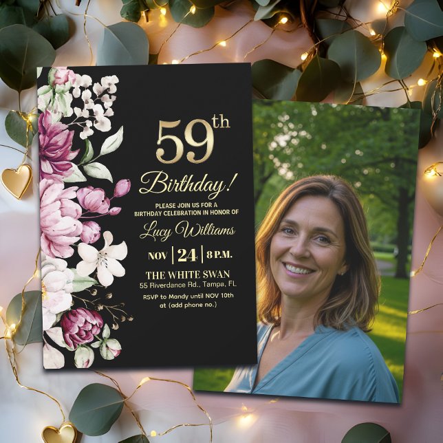 Invitation Elegant Floral Gold 59 Birthday Photo (Créateur téléchargé)