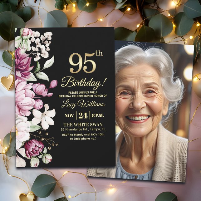 Invitation Elegant Floral Gold 95 Birthday Photo (Créateur téléchargé)