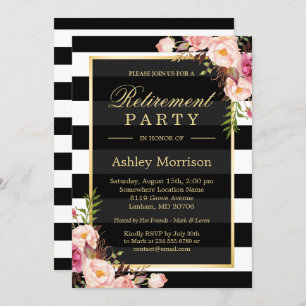 Invitation Élégant Floral Gold Black Stripes Parti de retrait