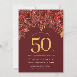 Invitation Elégant Floral Gold Bourgogne 50e anniversaire
