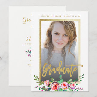 Invitation Élégant Floral Gold Chic Photo Party Graduation