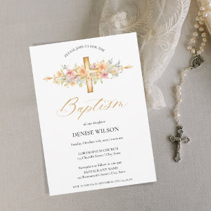 Invitation Elégant Floral Gold Cross Christening Baptism