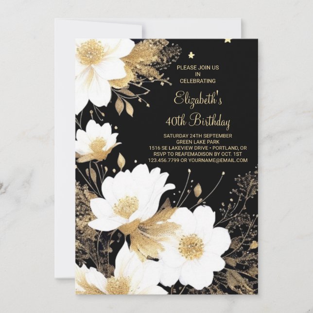 Invitation Elégant Floral Gold et Black en ligne 40e annivers (Devant)