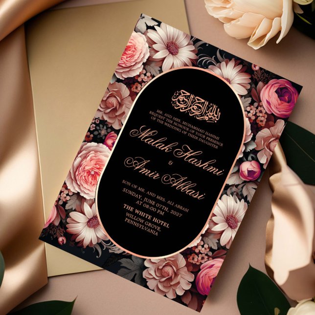 Invitation Elégant Floral Gold Noir musulman Mariage musulman (Créateur téléchargé)