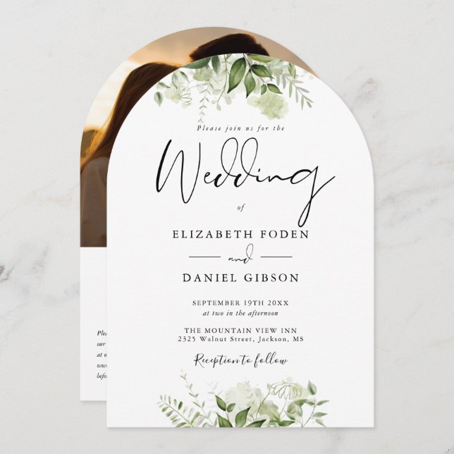 Invitation Elégant Floral Greenery QR Code Photo Arch Mariage (Devant / Derrière)