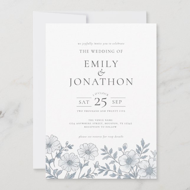 Invitation Élégant floral gris QR Code Mariage (Devant)