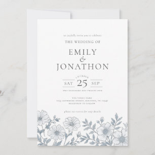 Invitation Élégant floral gris QR Code Mariage