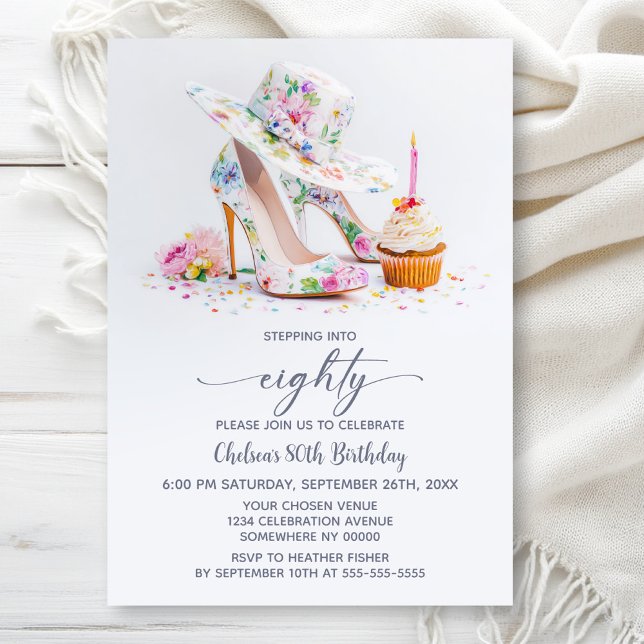 Invitation Elegant Floral High Heel Shoes 80th Birthday Party (Créateur téléchargé)