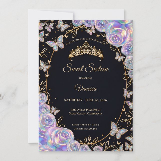 Invitation Élégant floral iridescent 16 ans (Devant)