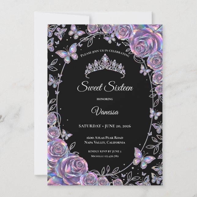 Invitation Élégant floral iridescent 16 ans (Devant)