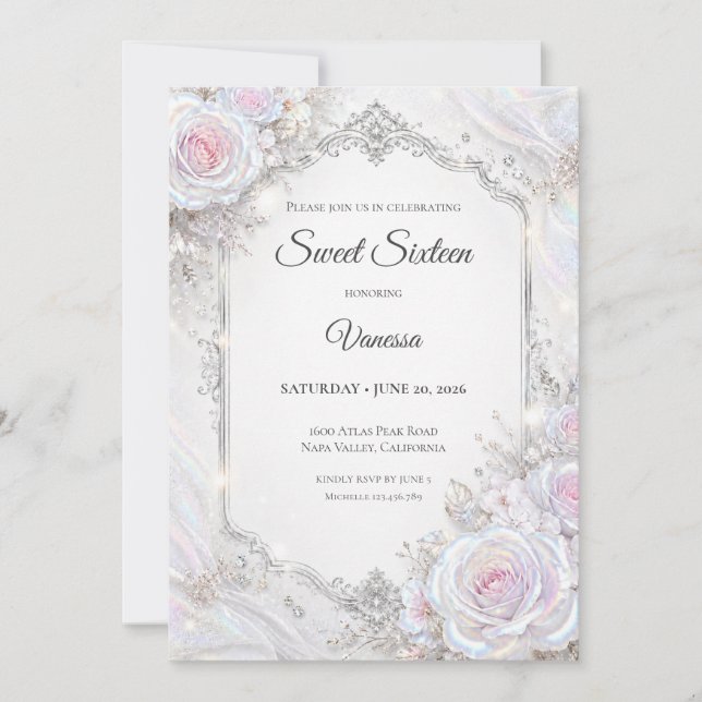 Invitation Élégant floral iridescent pour les 16 ans (Devant)