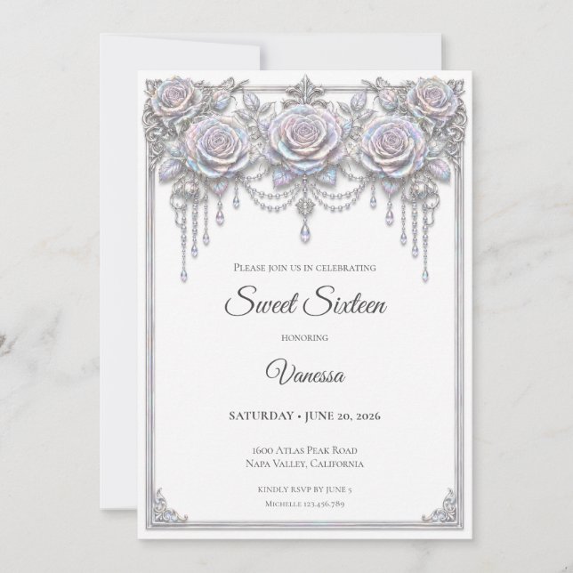 Invitation Élégant floral iridescent pour les 16 ans (Devant)