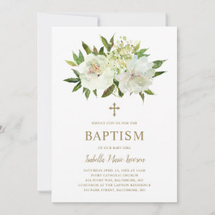 Invitation Elégant Floral Ivory Gold Cross Baby Girl Baptism
