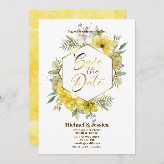 Invitation Elégant Floral Jaune Aquarelle Rose Mariage (Devant / Derrière)
