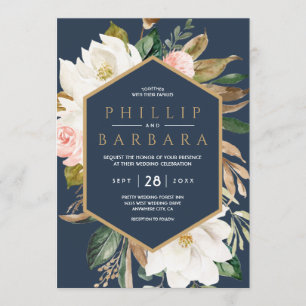 Invitation Élégant Floral Magnolia Rose Navy Neutre
