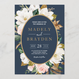 Invitation Élégant Floral Magnolia Rose Navy Neutre