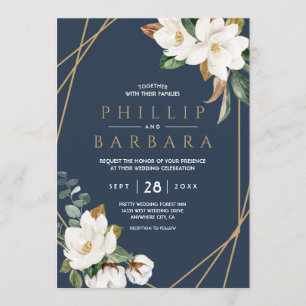 Invitation Élégant Floral Magnolia Rose Navy Neutre