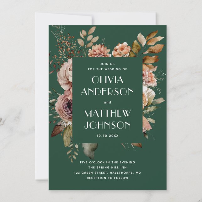 Invitation Élégant floral mariage Vert forêt foncé + QR (Devant)