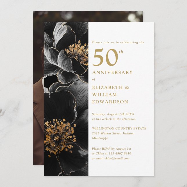 Invitation Elégant floral moderne 50e anniversaire Photo (Devant / Derrière)
