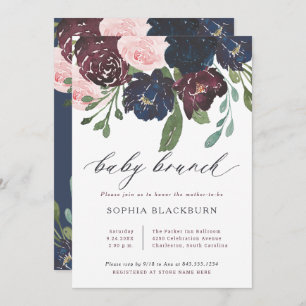 Invitation Élégant floral   Navy Blue and Plum Baby Brunch