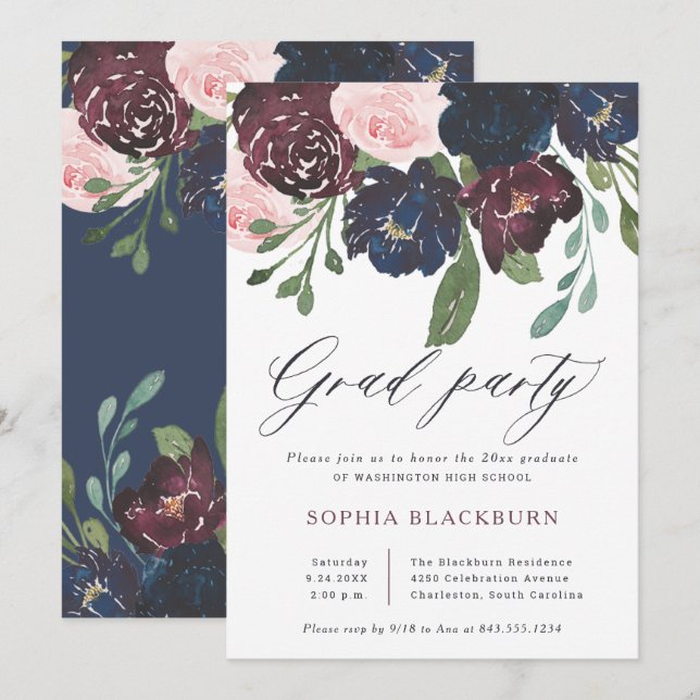 Invitation Élégant floral | Navy Blue and Plum Grad Party (Devant / Derrière)