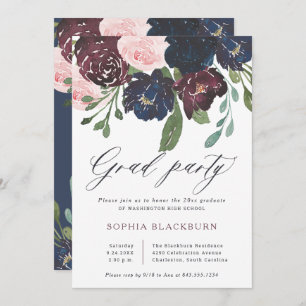 Invitation Élégant floral Navy Blue and Plum Grad Party