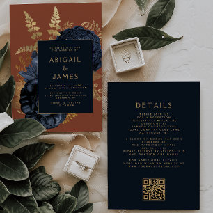 Invitation Elégant Floral Navy Blue Gold Rust QR Code Mariage