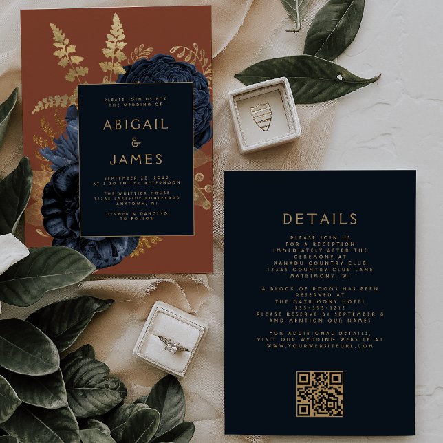 Invitation Elégant Floral Navy Blue Gold Rust QR Code Mariage (Créateur téléchargé)