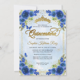 Invitation Elégant Floral Navy Blue Gold Tiara Quinceañera
