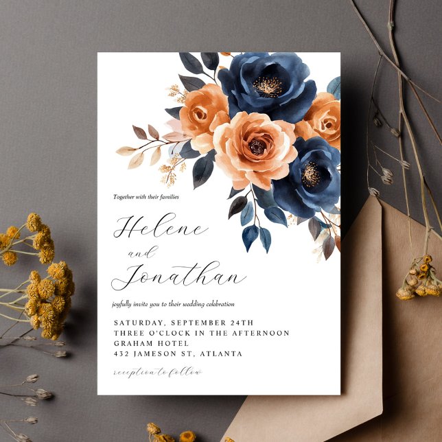 Invitation Elégant Floral Navy Blue Terracotta Garden Mariage (Elegant Floral Navy Blue Terracotta Garden Wedding Invitation)