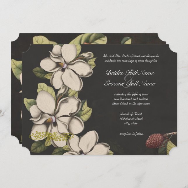 Invitation Élégant floral noir cuivre Magnolia Mariage (Devant / Derrière)