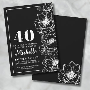 Invitation Elégant Floral Noir et Blanc 40e anniversaire
