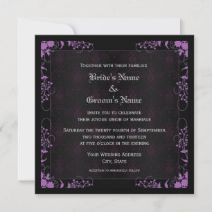 Invitation Elégant floral noir et violet Mariage damassé