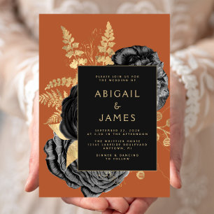 Invitation Élégant floral noir orange brûlé or mariage