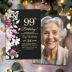 Invitation Élégant Floral Or 99 Photo Anniversaire
