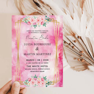 Invitation Élégant floral or rose aquarelle notre mariage