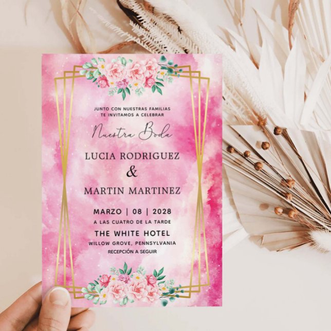 Invitation Élégant floral or rose aquarelle Nuestra Boda (Créateur téléchargé)