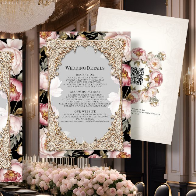 Invitation Elégant Floral Peony Gold rose et noir Détails (Créateur téléchargé)