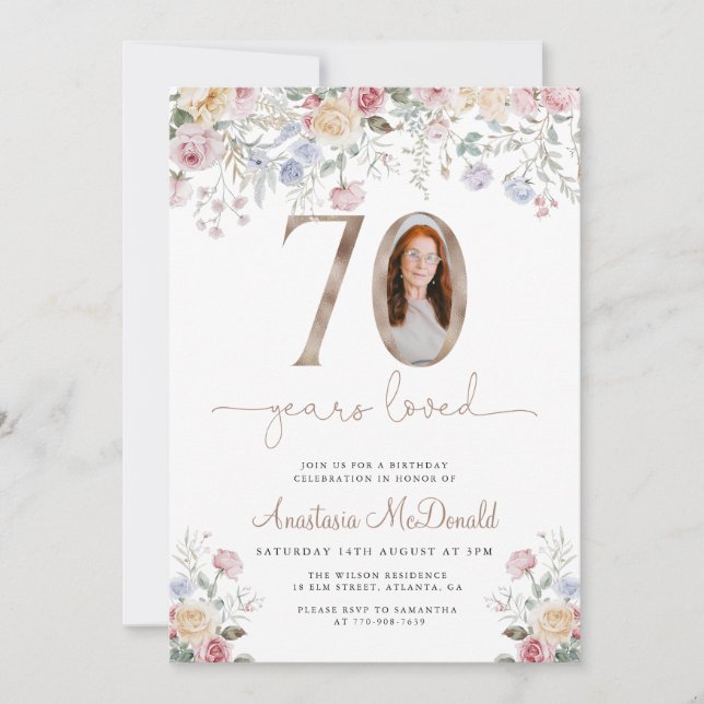 Invitation Elegant Floral Photo 70th Birthday (Devant)