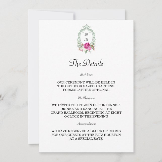 Invitation Elegant Floral Pink Peony Monogram Wedding (Devant)