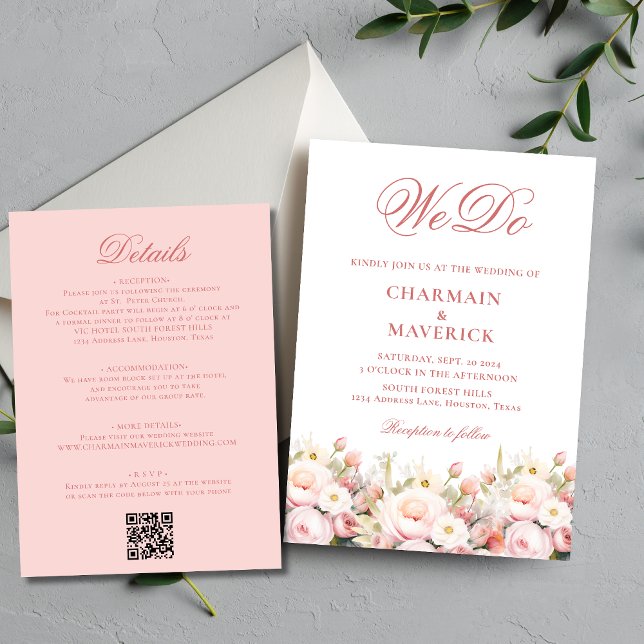 Invitation Élégant Floral Pink QR code Budget Mariage (Créateur téléchargé)