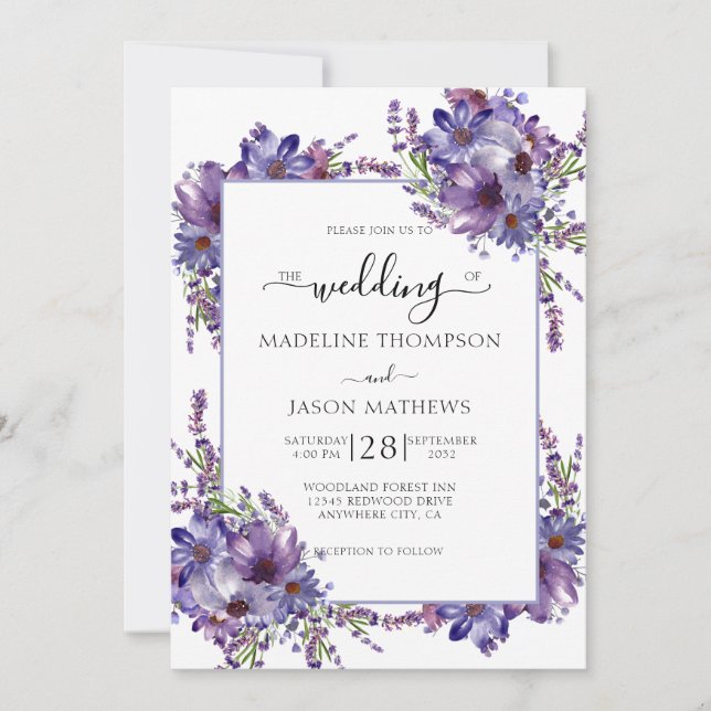 Invitation Élégant Floral Purple Peonies Monogram Mariage Inv (Devant)