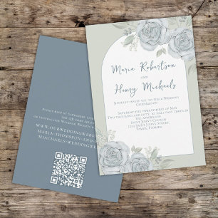 Invitation Elégant Floral QR Code Vert Bleu Vert Vert