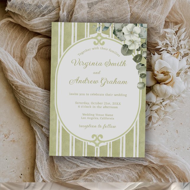 Invitation Élégant floral rayé vert mariage (Créateur téléchargé)