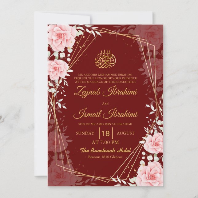 Invitation Elegant Floral Red Gold Islamic Muslim Wedding (Devant)