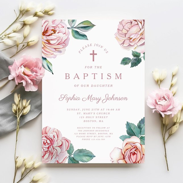 Invitation Élégant Floral Religieux Croix Fille Baptême (Floral Peonies Religious Cross Girl Baptism Invitation)