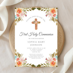 Invitation Elégant Floral Religieux Croix Première Communion