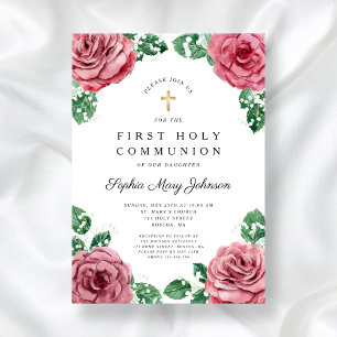 Invitation Élégant Floral Religieux Fille Première Communion