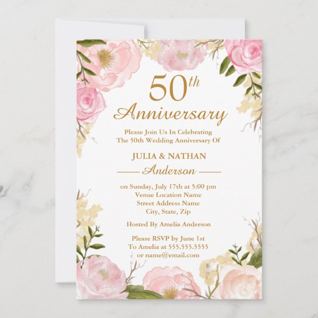 Invitation Élégant floral rose 50e anniversaire de mariage (Devant)